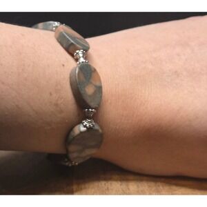 Vintage Picasso Jasper Bracelet Gray Tan Stone Teardrop Beads Silver Tone Boho